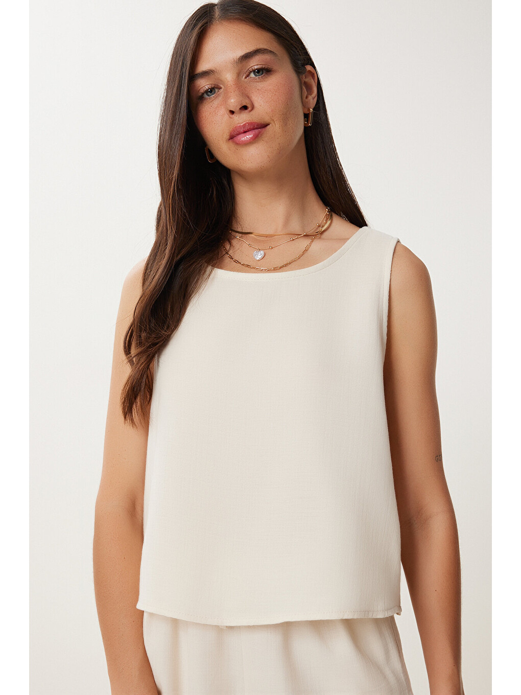 Ekru Müslin Bluz Şort Takım Krem Lmc0063-3