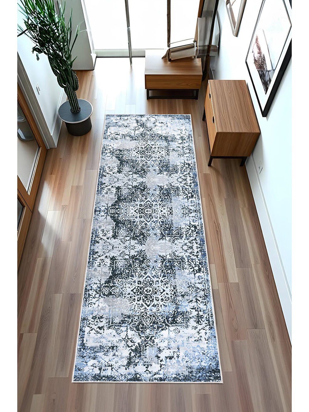 Mavi Dekoratif Özel Tasarım Yıkanabilir İnce Kaymaz Tabanlı Modern Halı KECE FR33-4