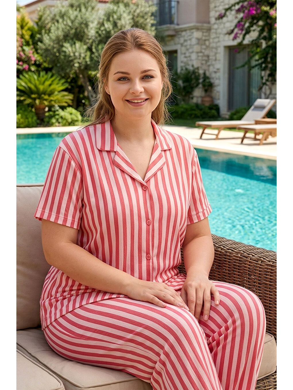 Kadın Kısa Kol Milan Kumaş Pijama Takımı 50501-1968 Koyu Pembe-2