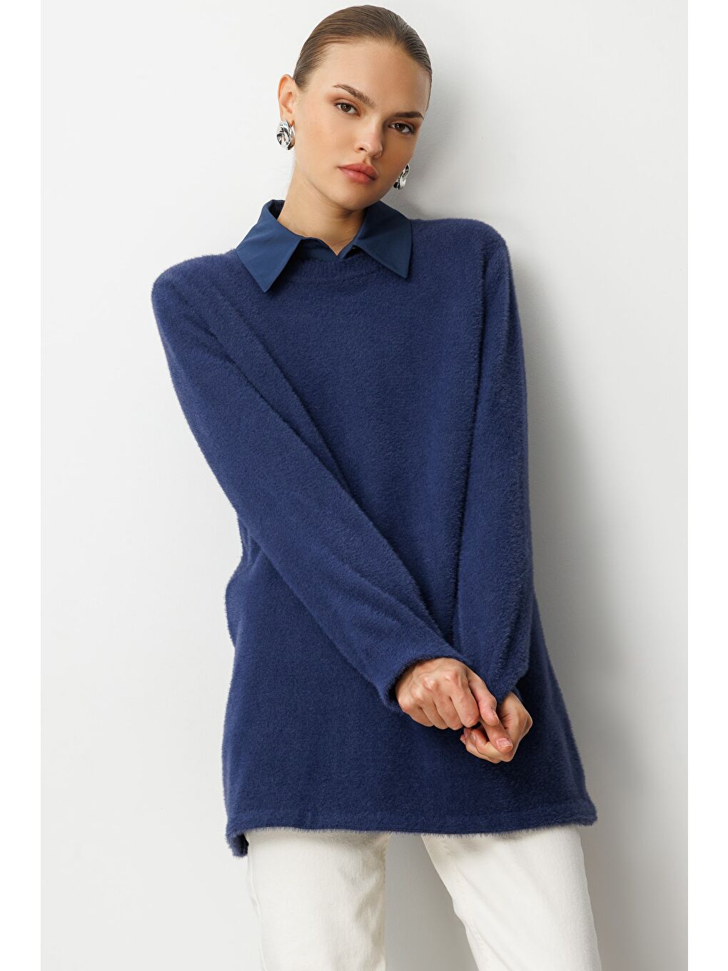 Yuvarlak Yaka Oversize Yumuşak Dokulu Lacivert Triko Kazak-1