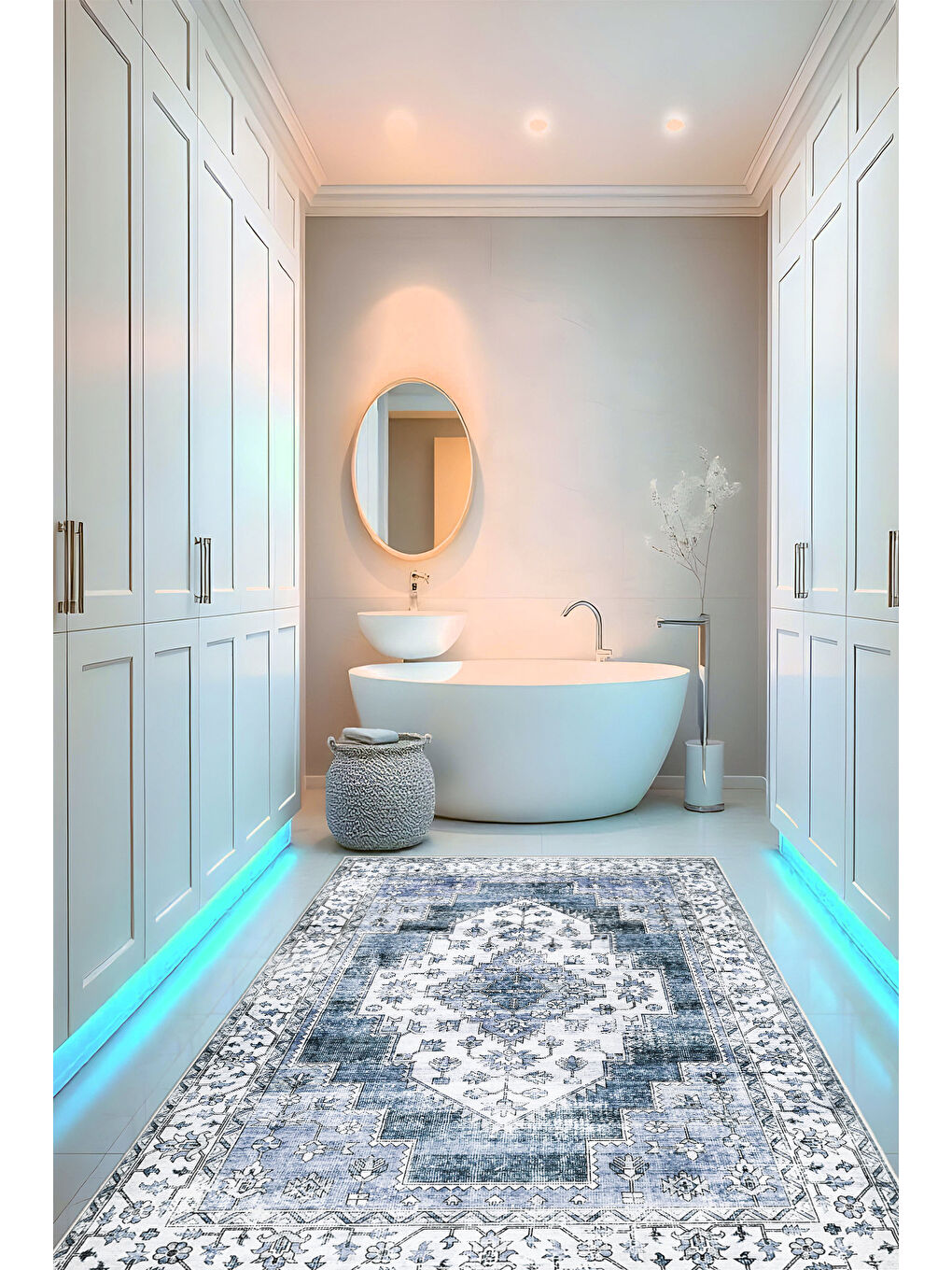 Mavi Dekoratif Özel Tasarım Yıkanabilir İnce Kaymaz Tabanlı Modern Halı KECE FR27-3