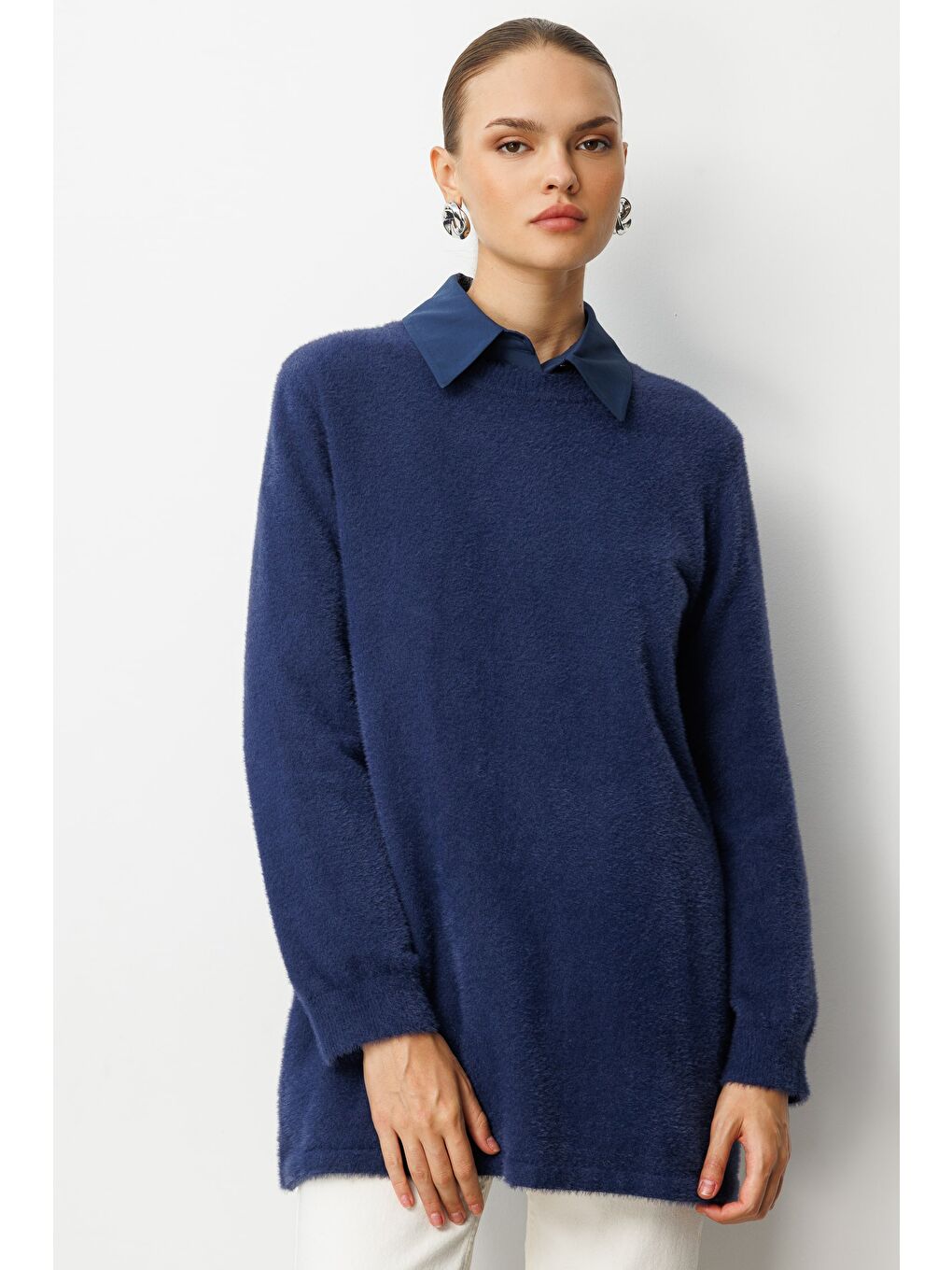 Yuvarlak Yaka Oversize Yumuşak Dokulu Lacivert Triko Kazak-2