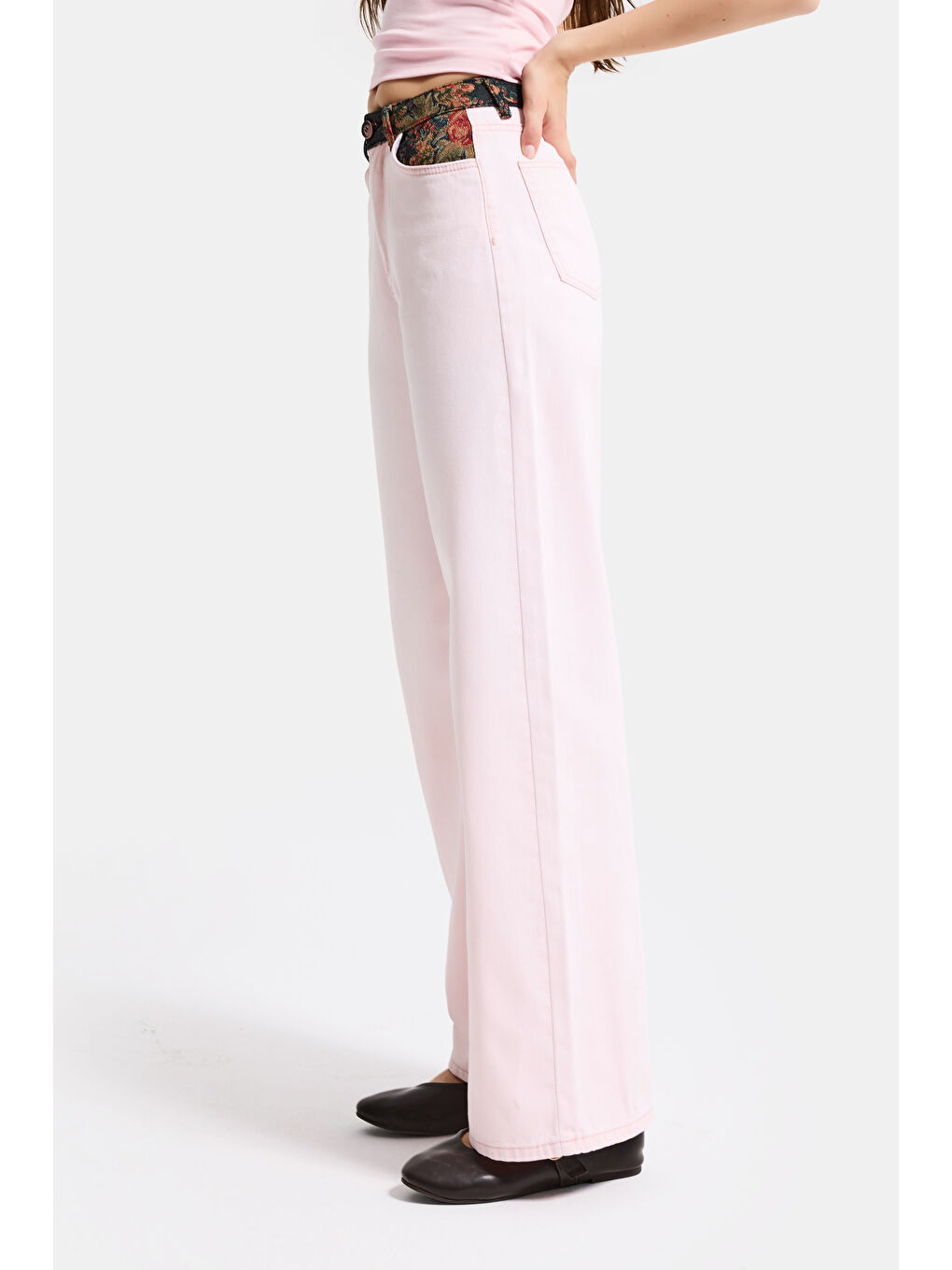 Kadın Pembe 3s6-98 Wide Leg Etnik Desenli Tasarım Denim Jean-6