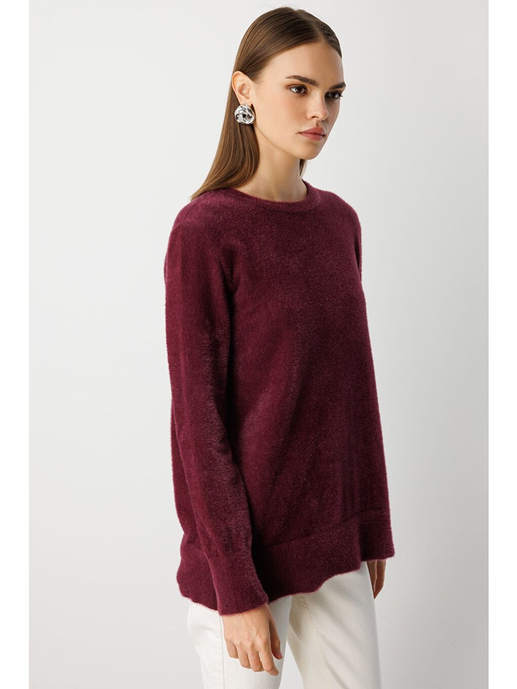 Yuvarlak Yaka Oversize Yumuşak Dokulu Mürdüm Triko Kazak-2