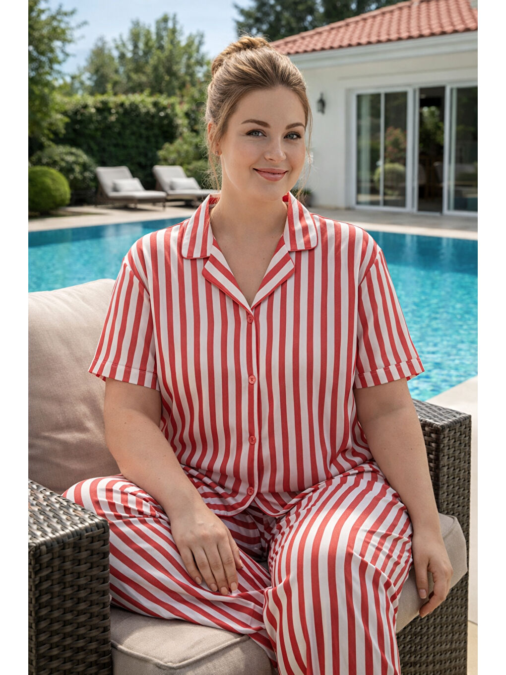 Kadın Kısa Kol Milan Kumaş Pijama Takımı 50501-1968 Koyu Pembe-3