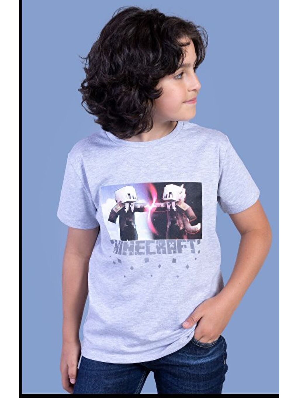 Gri Erkek Çocuk Mınecraft Baskılı Tişört