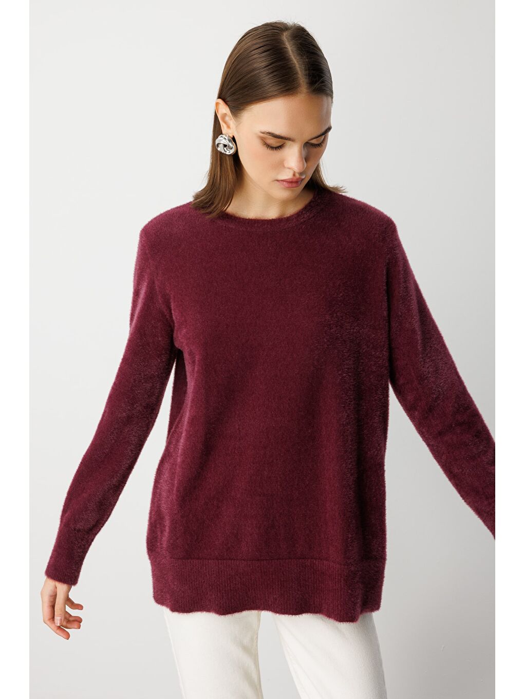 Yuvarlak Yaka Oversize Yumuşak Dokulu Mürdüm Triko Kazak-3