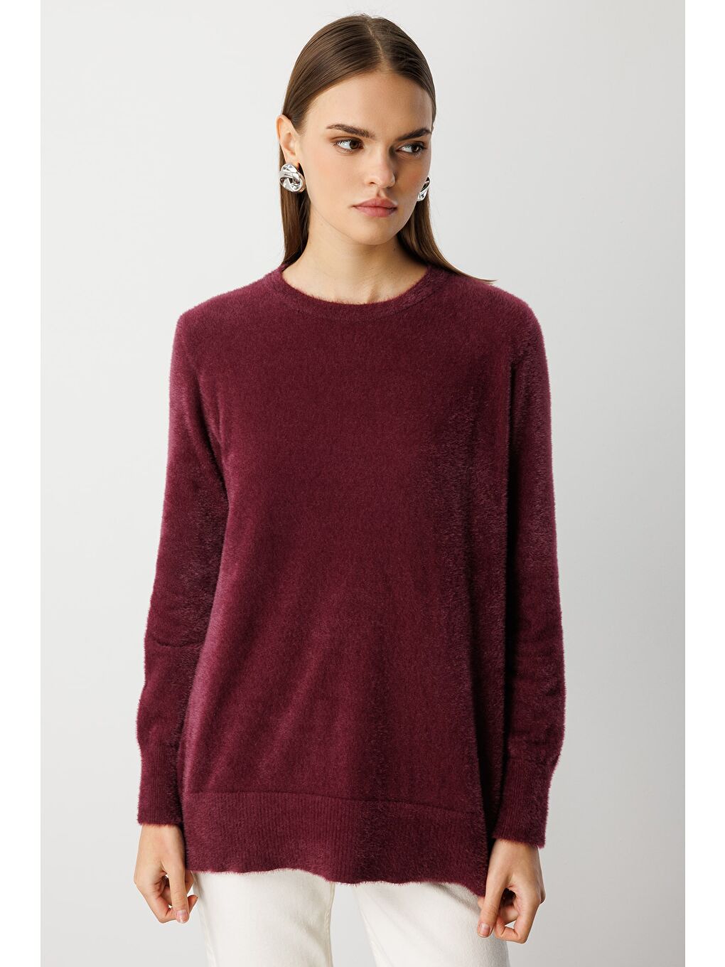 Yuvarlak Yaka Oversize Yumuşak Dokulu Mürdüm Triko Kazak-4