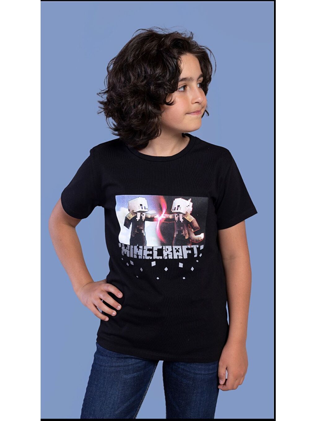 Siyah Erkek Çocuk Mınecraft Baskılı Tişört