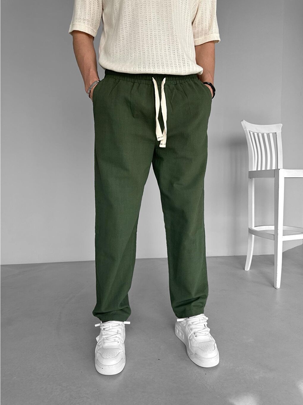 Abluka Online Baggy Fit Keten Erkek Pantolon Haki Yeşil