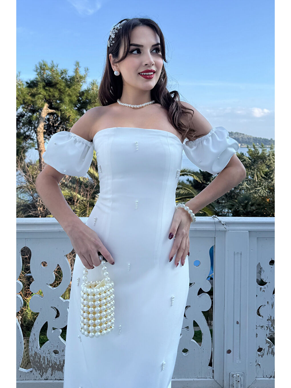 Kadın Beyaz Straplez Yaka İnci İşlemeli Uzun Söz Nişan Nikah Elbise-1