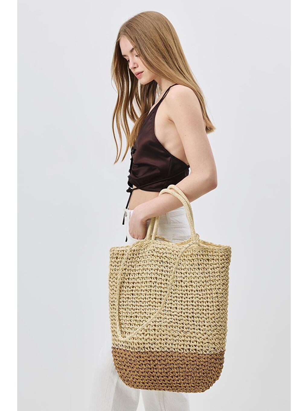 Bej Hasır Omuz Çantası Y9202 Vizon