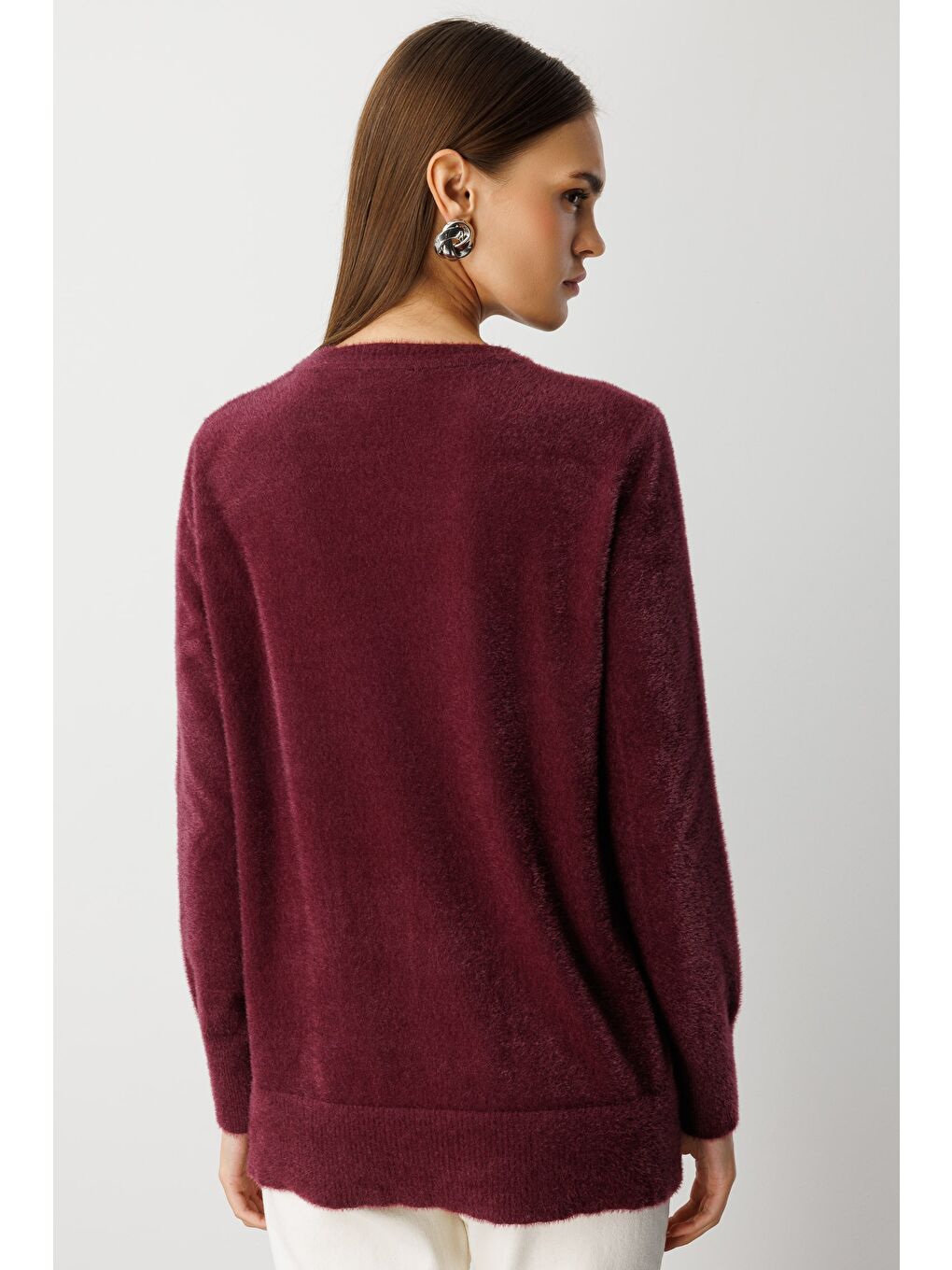 Yuvarlak Yaka Oversize Yumuşak Dokulu Mürdüm Triko Kazak-5