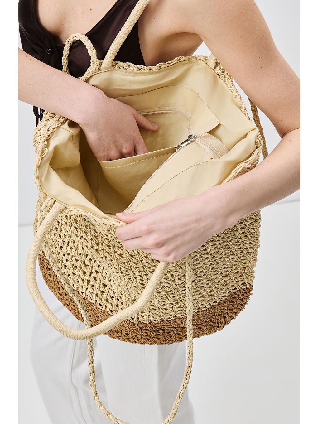 Bej Hasır Omuz Çantası Y9202 Vizon-2