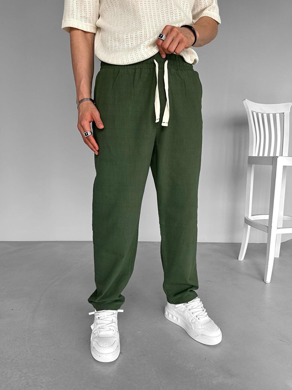 Abluka Online Baggy Fit Keten Erkek Pantolon Haki Yeşil - 1