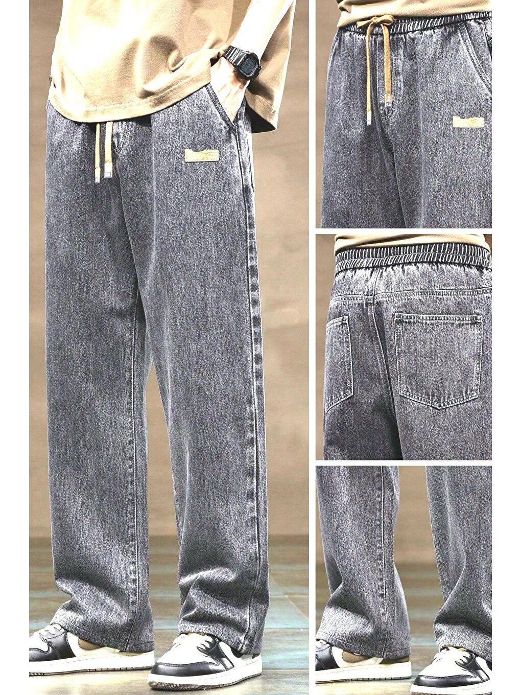 Gri Reax Rayn Beli Lastikli İpli Düz Paça Rahat Kesim Erkek Jean Pantolon