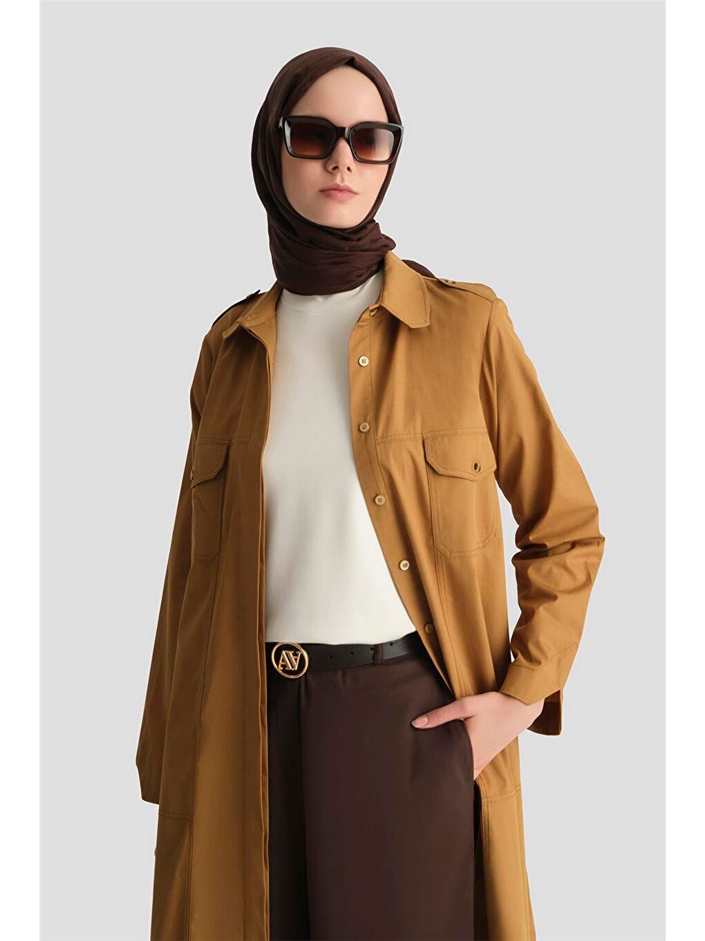 Kahverengi Kontrast Dikişli Pamuk Tunik Elbise 25Y4705 Sahra-2