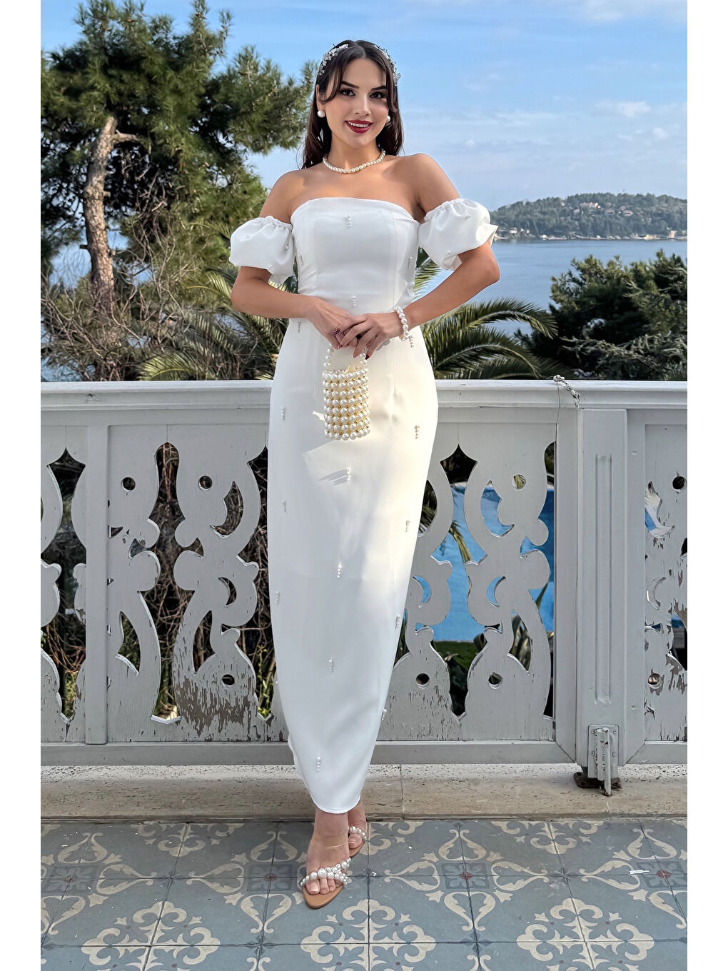 Kadın Beyaz Straplez Yaka İnci İşlemeli Uzun Söz Nişan Nikah Elbise-2