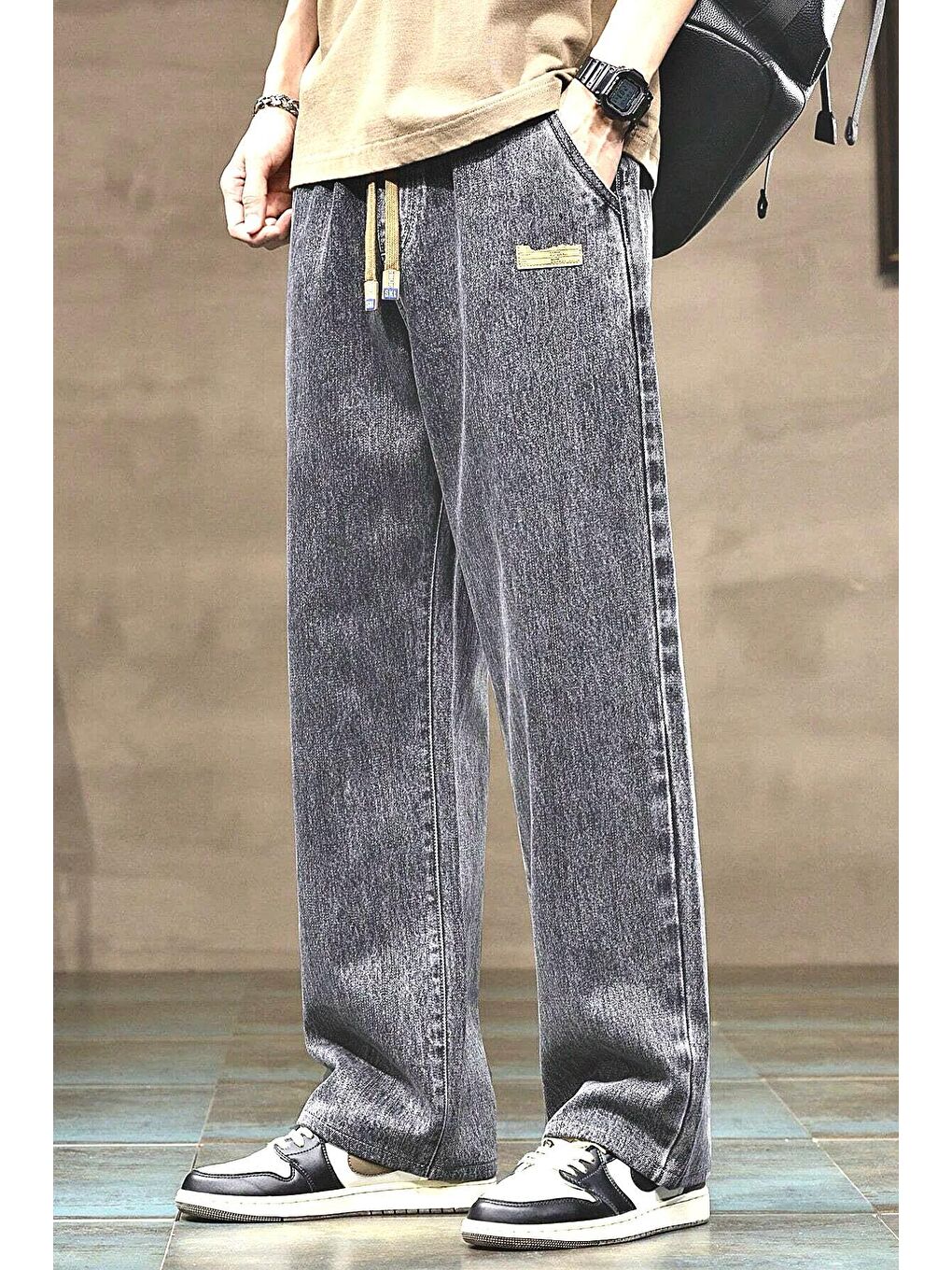 Gri Reax Rayn Beli Lastikli İpli Düz Paça Rahat Kesim Erkek Jean Pantolon-1