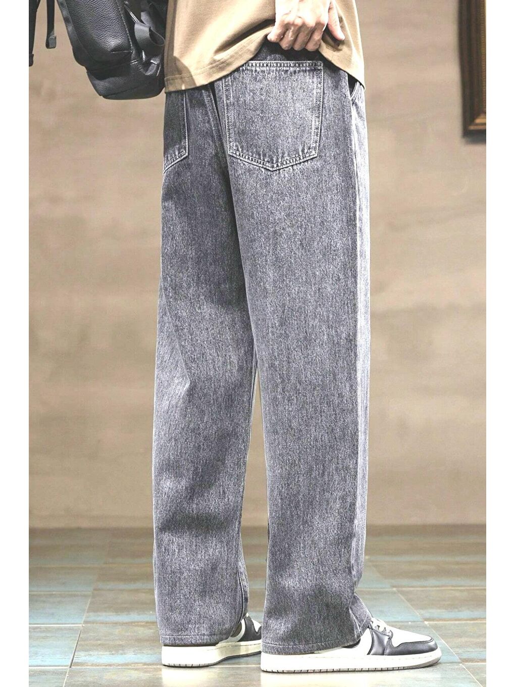 Gri Reax Rayn Beli Lastikli İpli Düz Paça Rahat Kesim Erkek Jean Pantolon-2