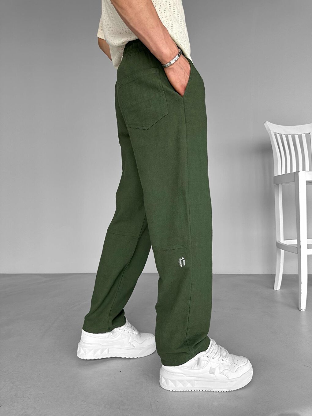 Abluka Online Baggy Fit Keten Erkek Pantolon Haki Yeşil - 2