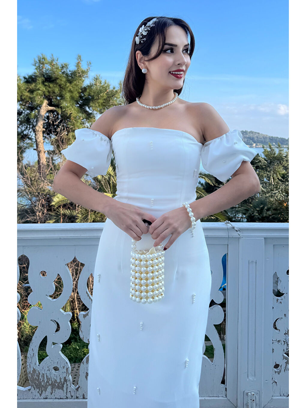 Kadın Beyaz Straplez Yaka İnci İşlemeli Uzun Söz Nişan Nikah Elbise-3