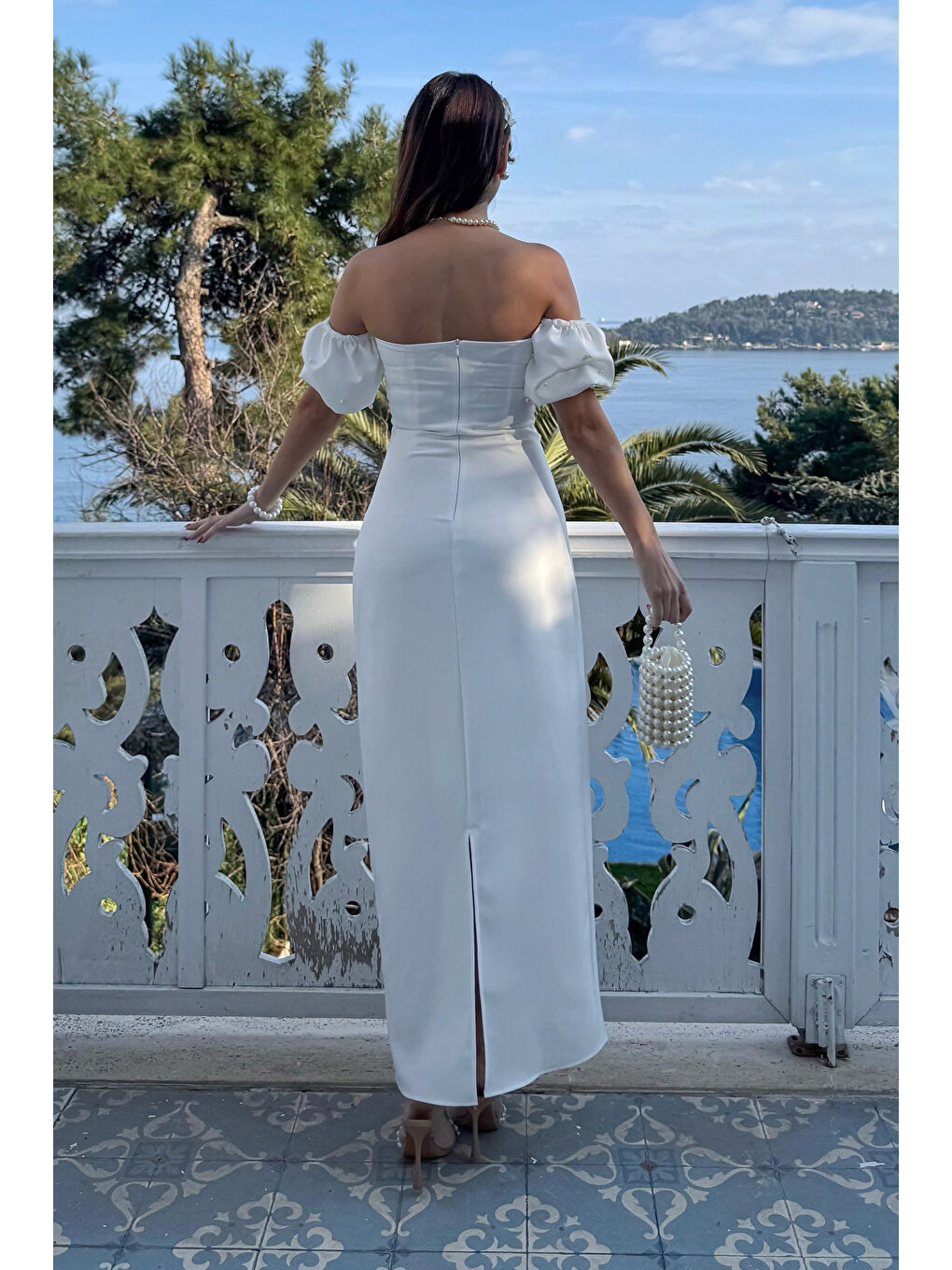 Kadın Beyaz Straplez Yaka İnci İşlemeli Uzun Söz Nişan Nikah Elbise-4