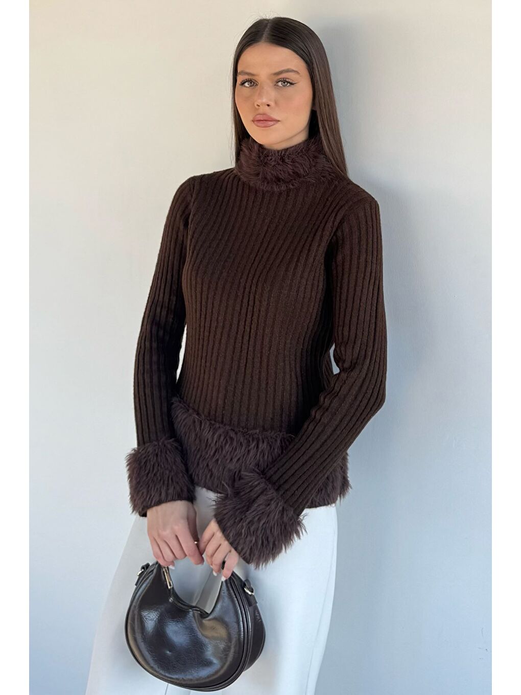 Kahverengi Kadın Sakallı Triko Kazak-3