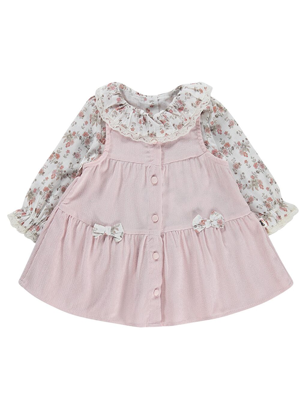Pembe Baby Çiçek Baskılı Düğmeli 6-18 Ay Elbise - Pudra