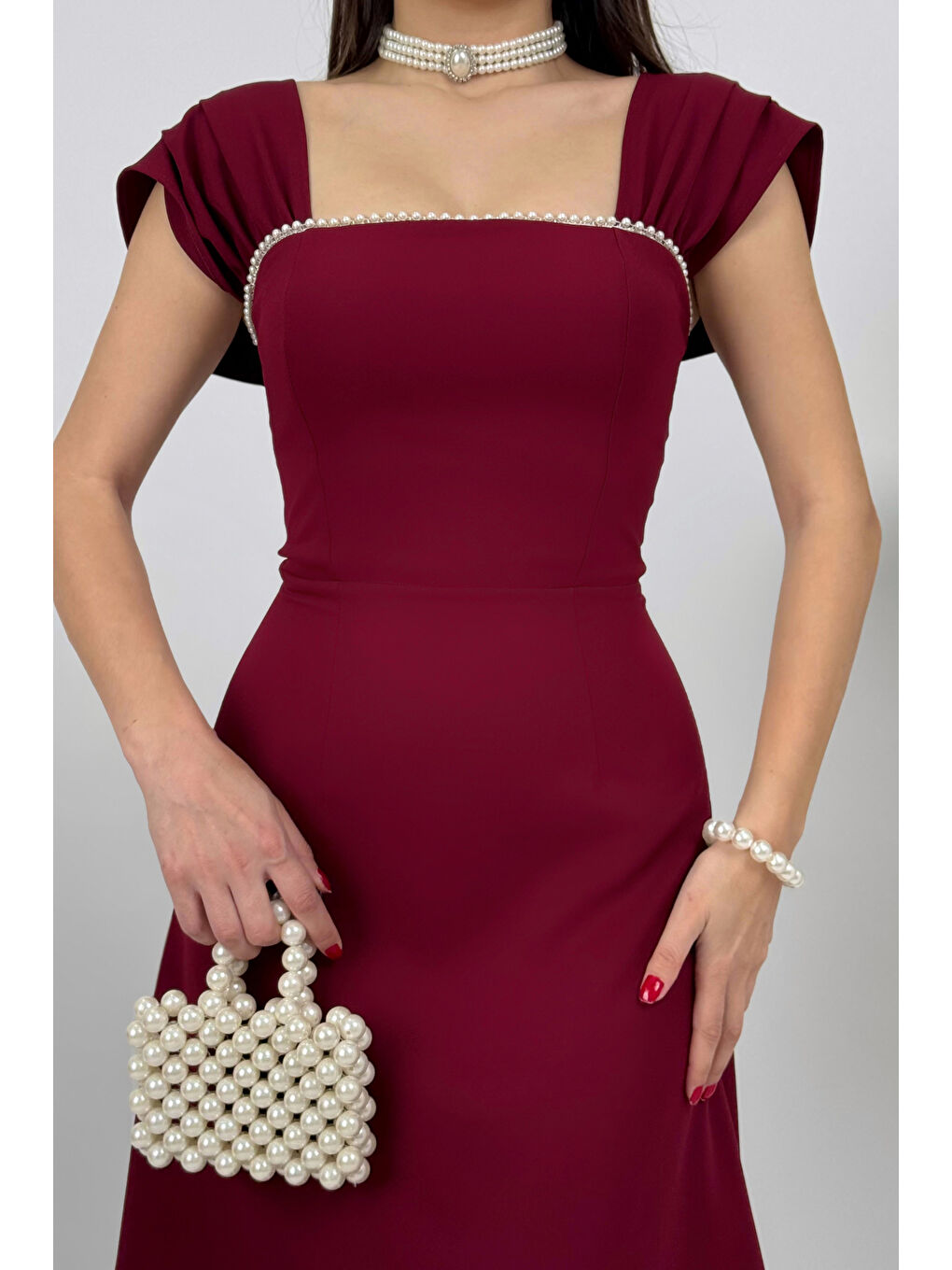 Kadın Bordo İnci Detaylı Midi Davet Elbisesi-1
