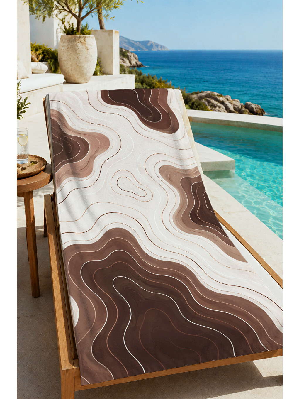 Kahverengi Modern Kahve Krem Topografik Desenli 70x150 Plaj Havlusu - Dijital Baskılı Solmaz Banyo Havlusu-1