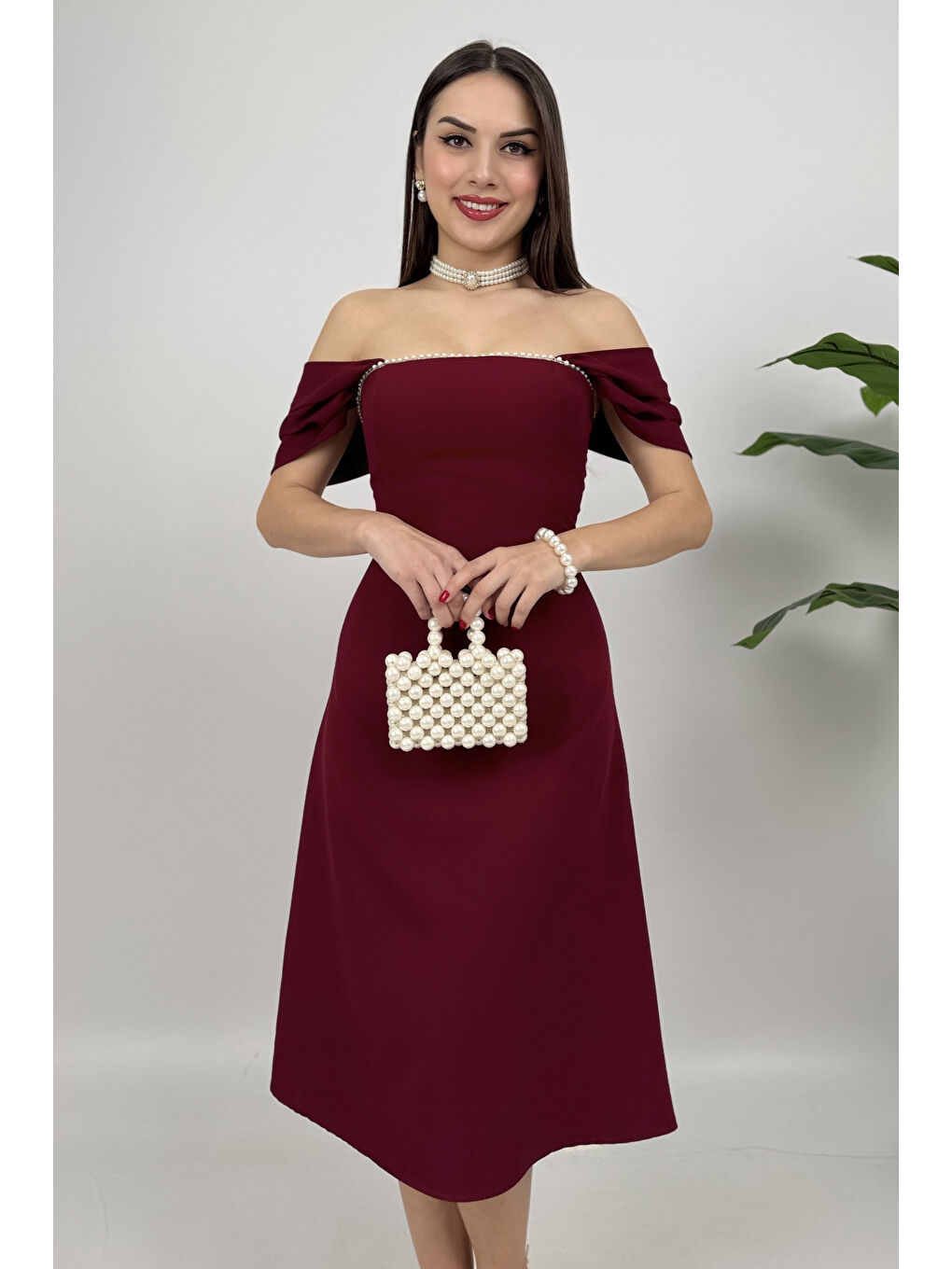 Kadın Bordo İnci Detaylı Midi Davet Elbisesi-2