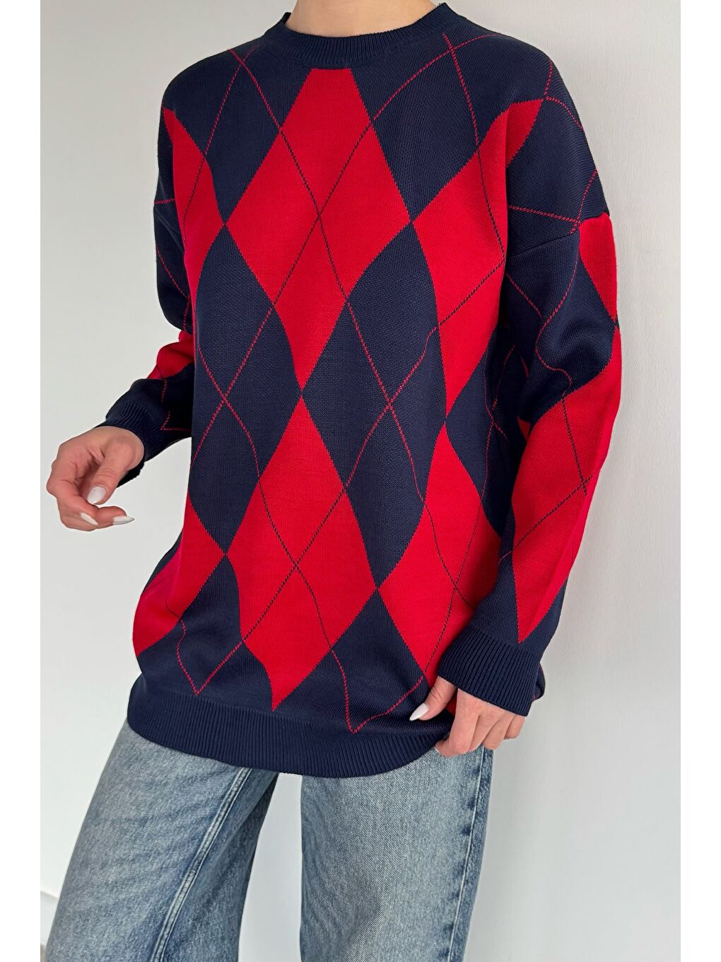 Lacivert Kadın Bisiklet Yaka Ekose Desenli Triko Kazak-1