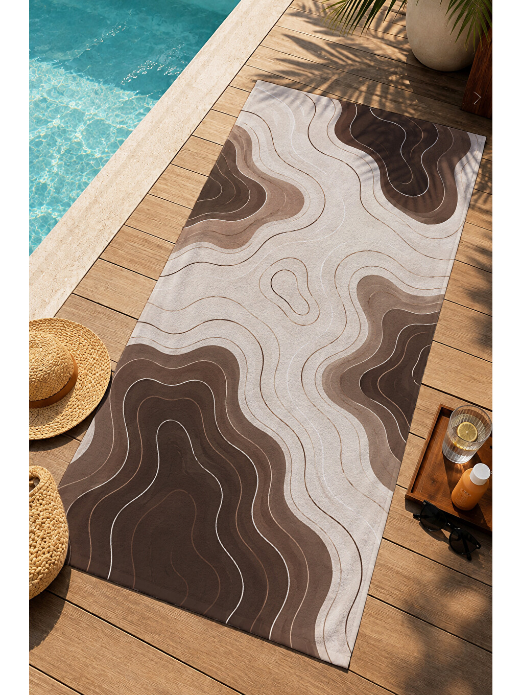 Kahverengi Modern Kahve Krem Topografik Desenli 70x150 Plaj Havlusu - Dijital Baskılı Solmaz Banyo Havlusu-3