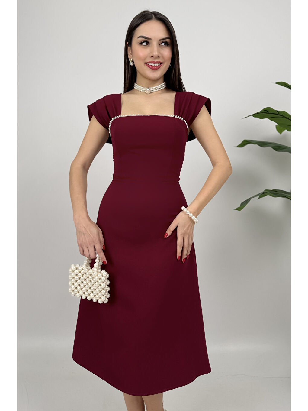 Kadın Bordo İnci Detaylı Midi Davet Elbisesi-3
