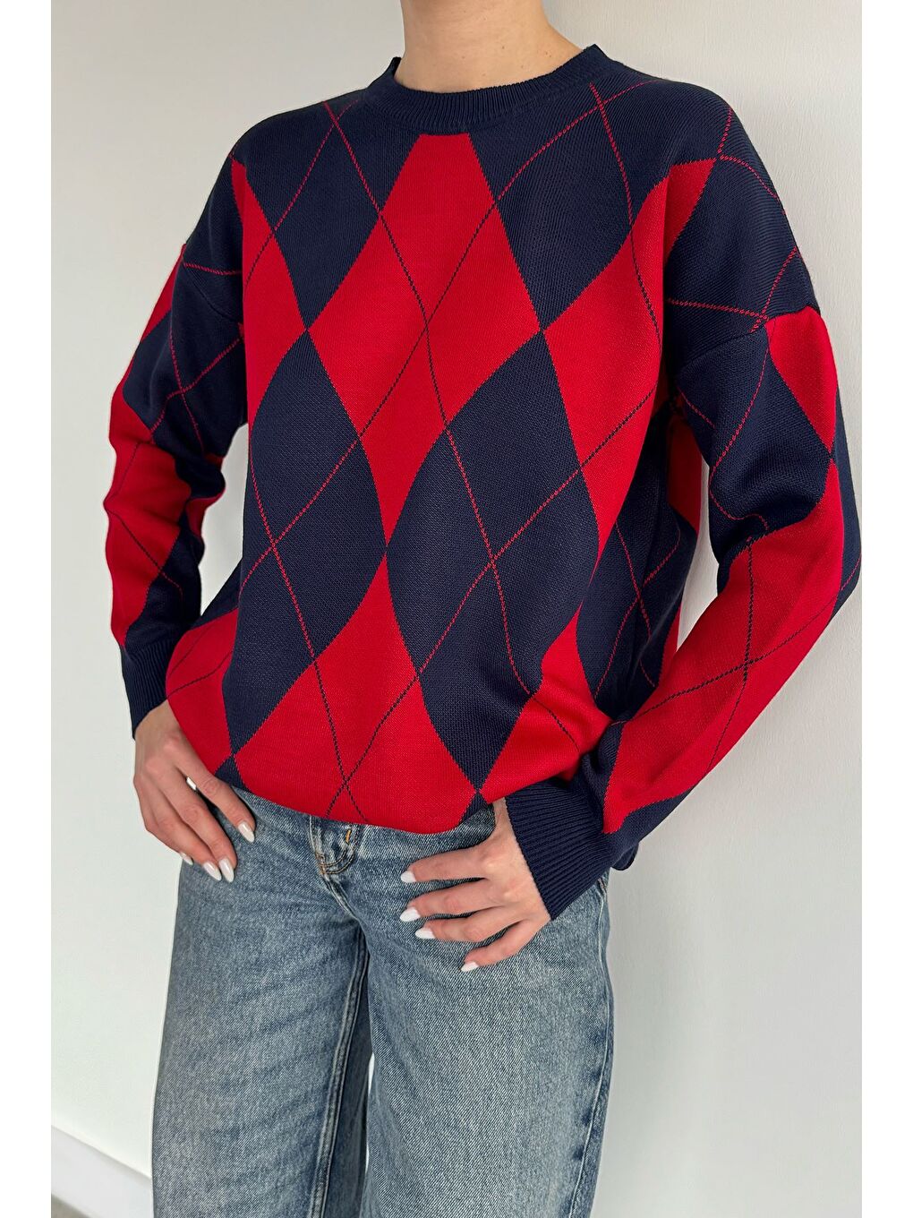 Lacivert Kadın Bisiklet Yaka Ekose Desenli Triko Kazak-2