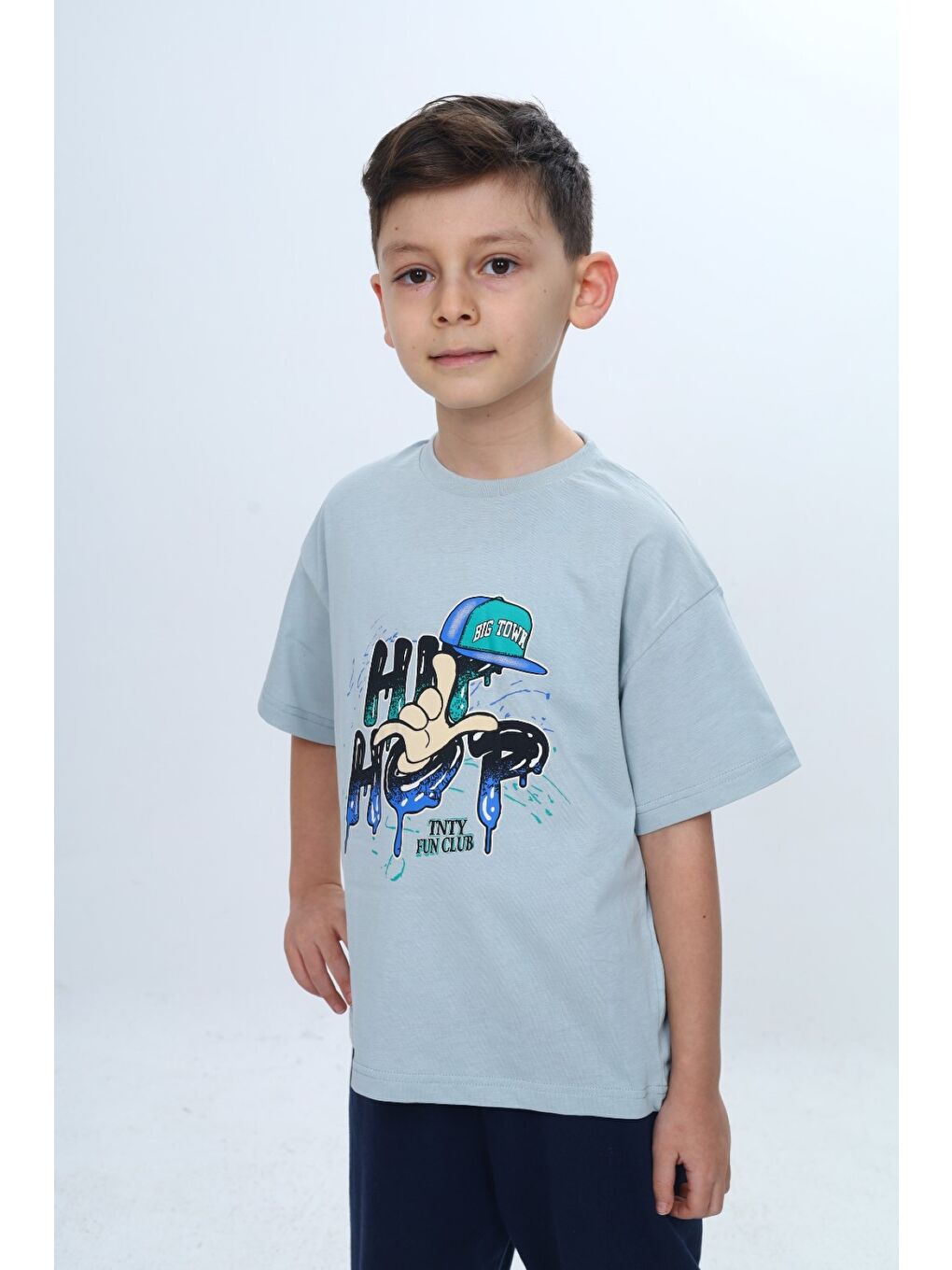 Gri Erkek Çocuk Bisiklet Yaka Kısa Kollu Baskılı Tişört 24990-1