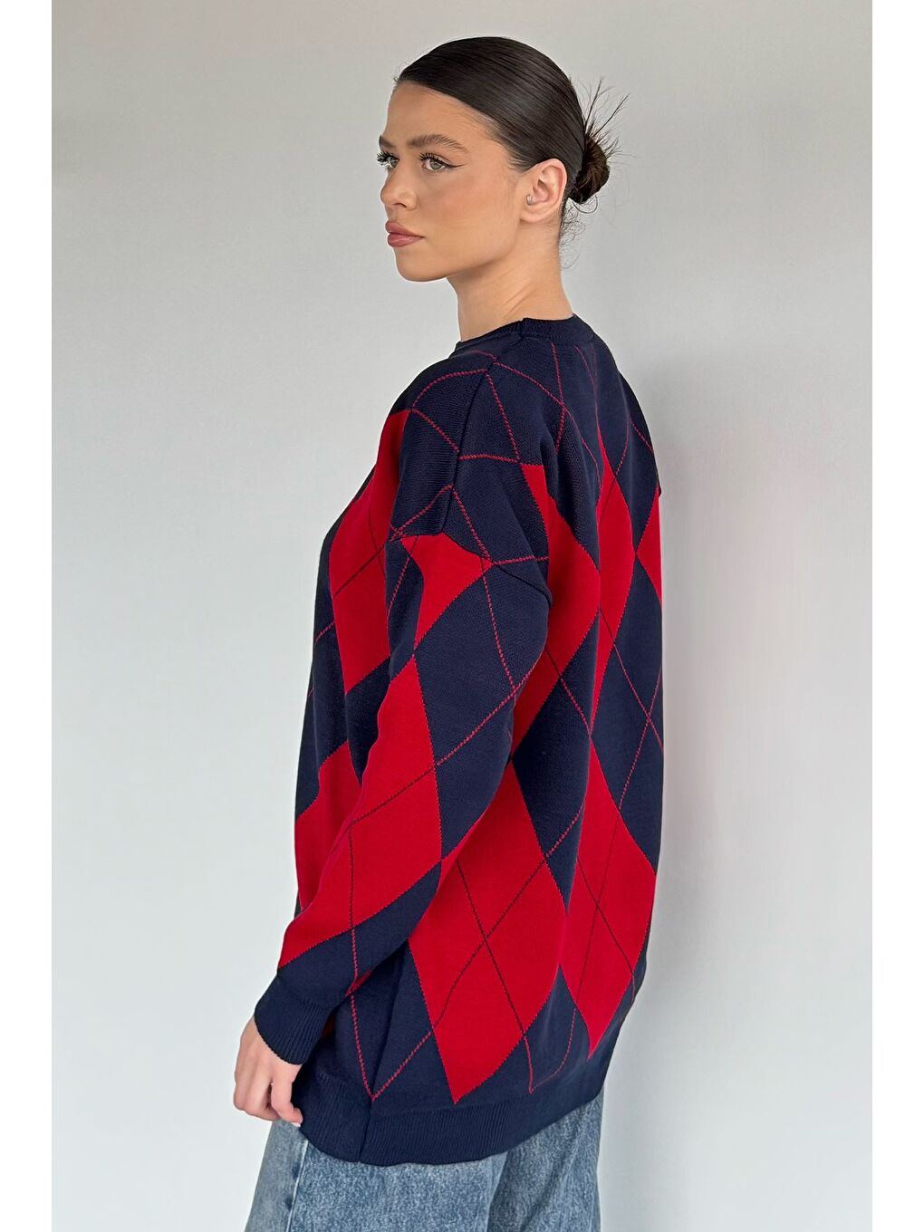 Lacivert Kadın Bisiklet Yaka Ekose Desenli Triko Kazak-3