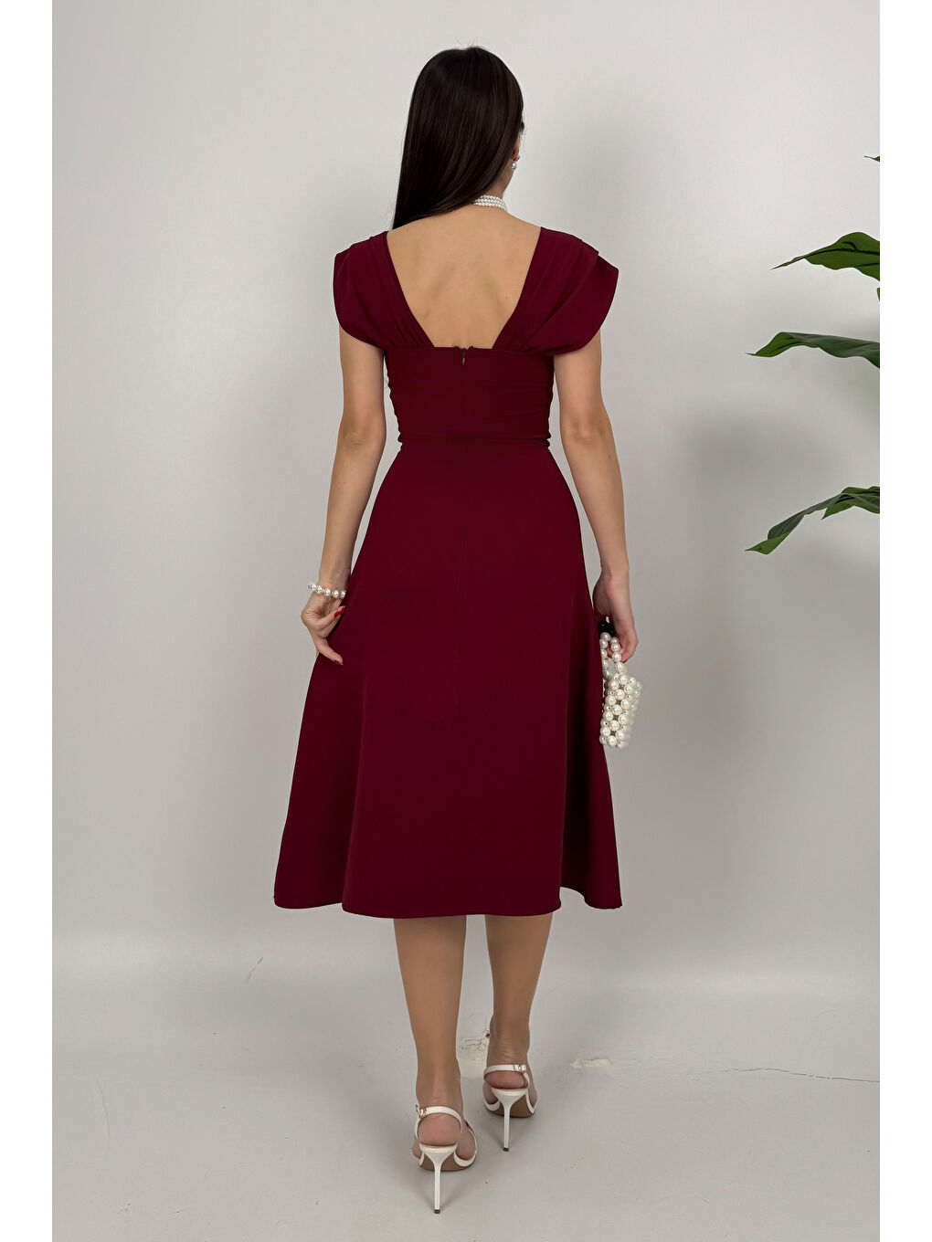 Kadın Bordo İnci Detaylı Midi Davet Elbisesi-4