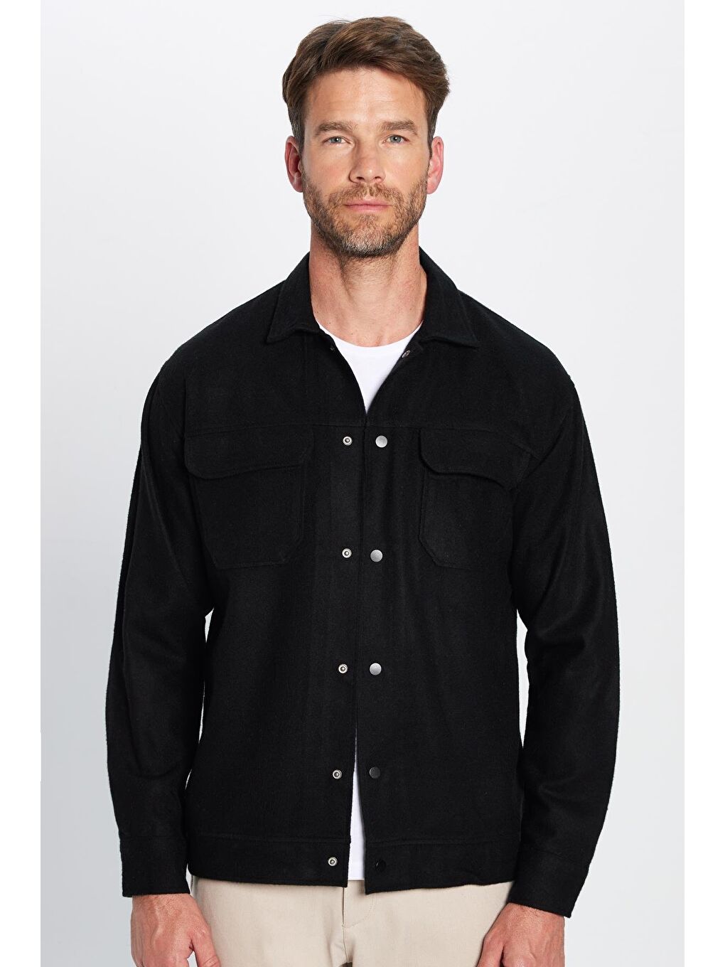 Siyah Erkek Relax Fit Rahat Kesim Çift Cepli Çıtçıtlı Kışlık Oduncu Apaş Yaka Gömlek-3