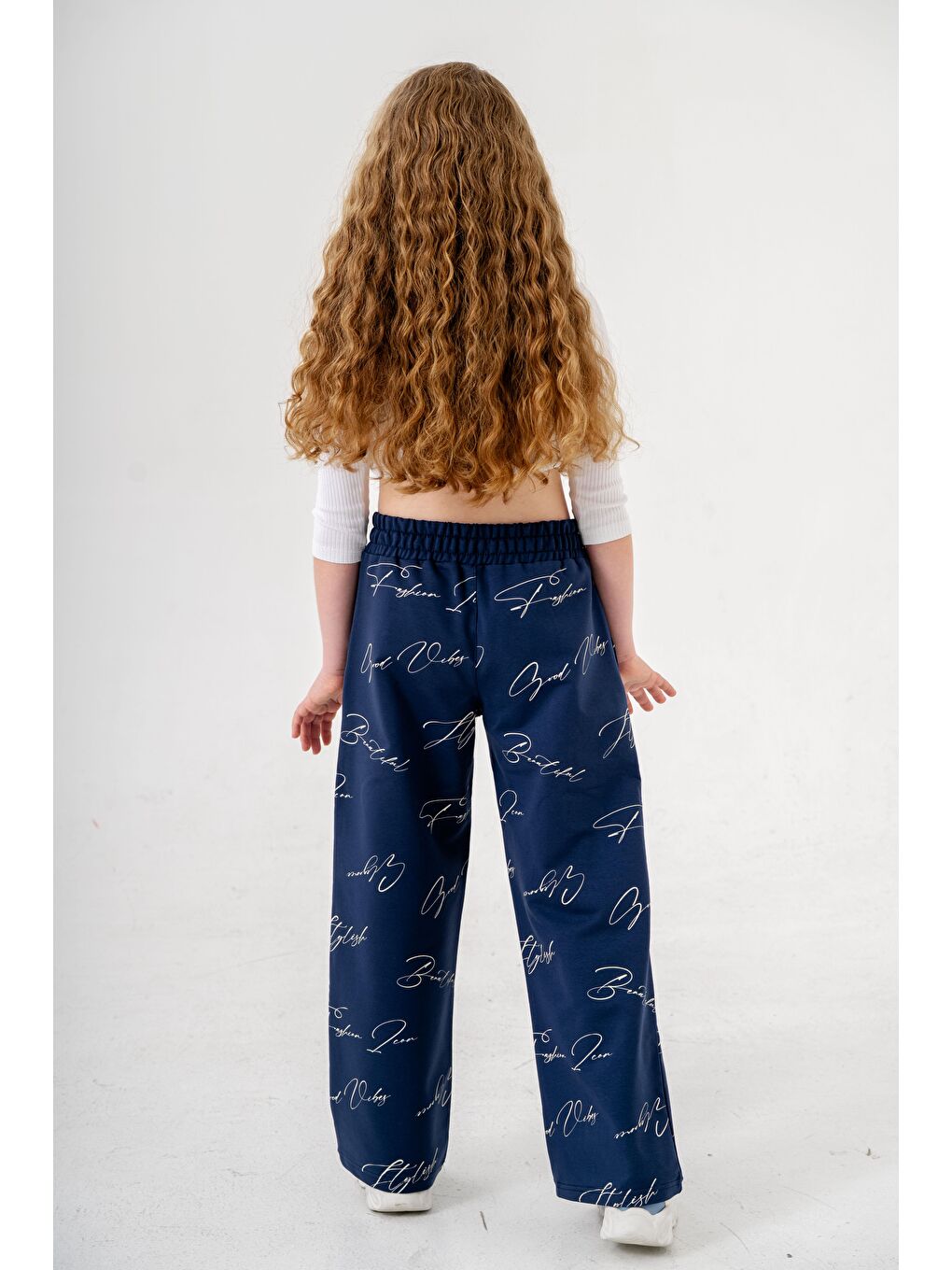 Lacivert Geniş Paçalı Tüm Alan Baskılı Kız Çocuk Eşofman Altı-7