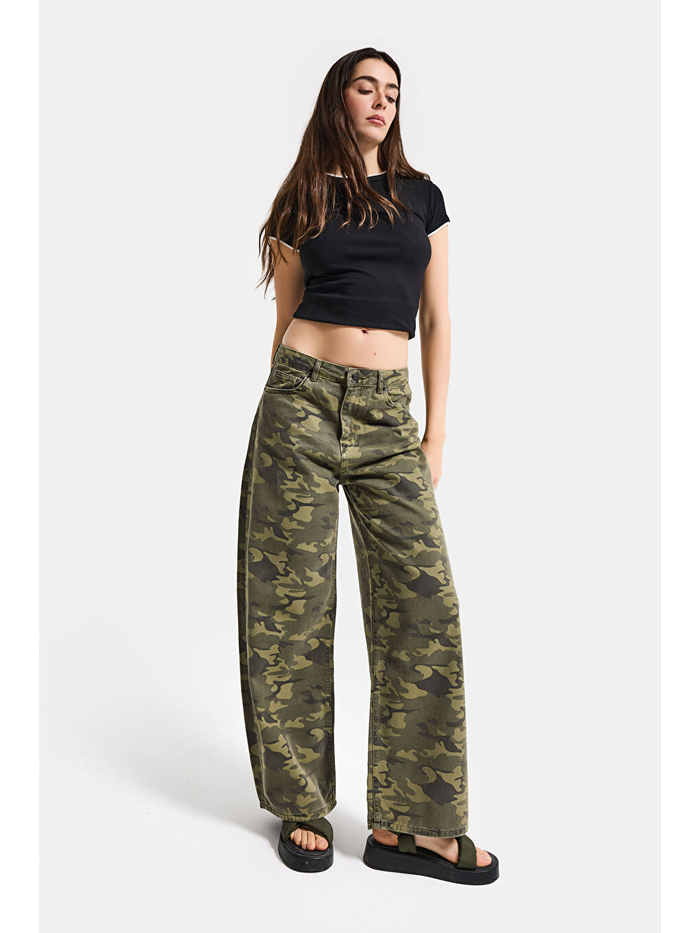 Kahverengi Kadın Kamuflaj 6s6-28 Süper Baggy Denim Jean-2