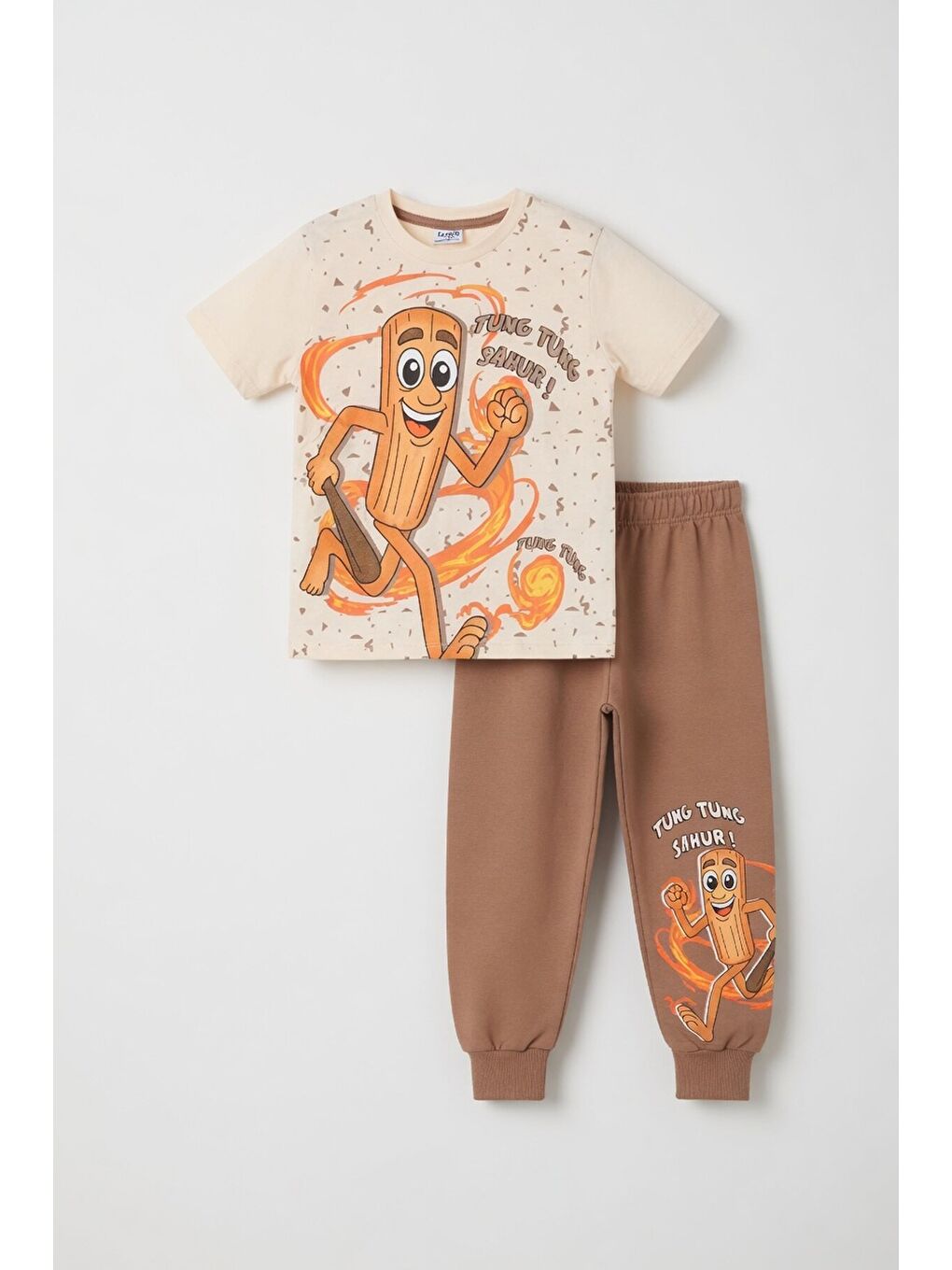 Kahverengi Baskılı Bisiklet Yaka Tişörtlü Beli Lastikli Erkek Çocuk 2li Takım 23887-3