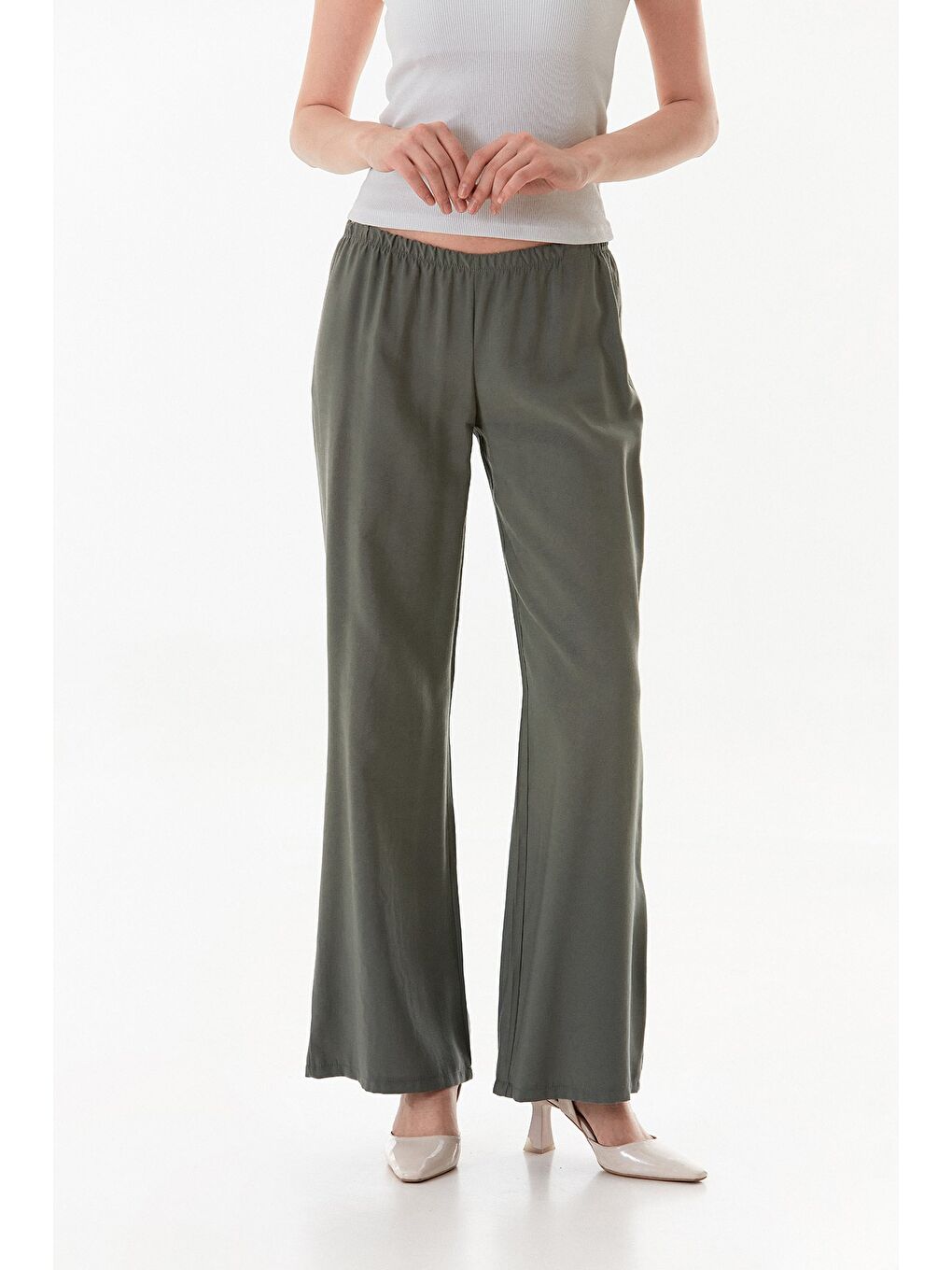 Haki Beli Lastikli Düşük Bel Modal Palazzo Pantolon-1