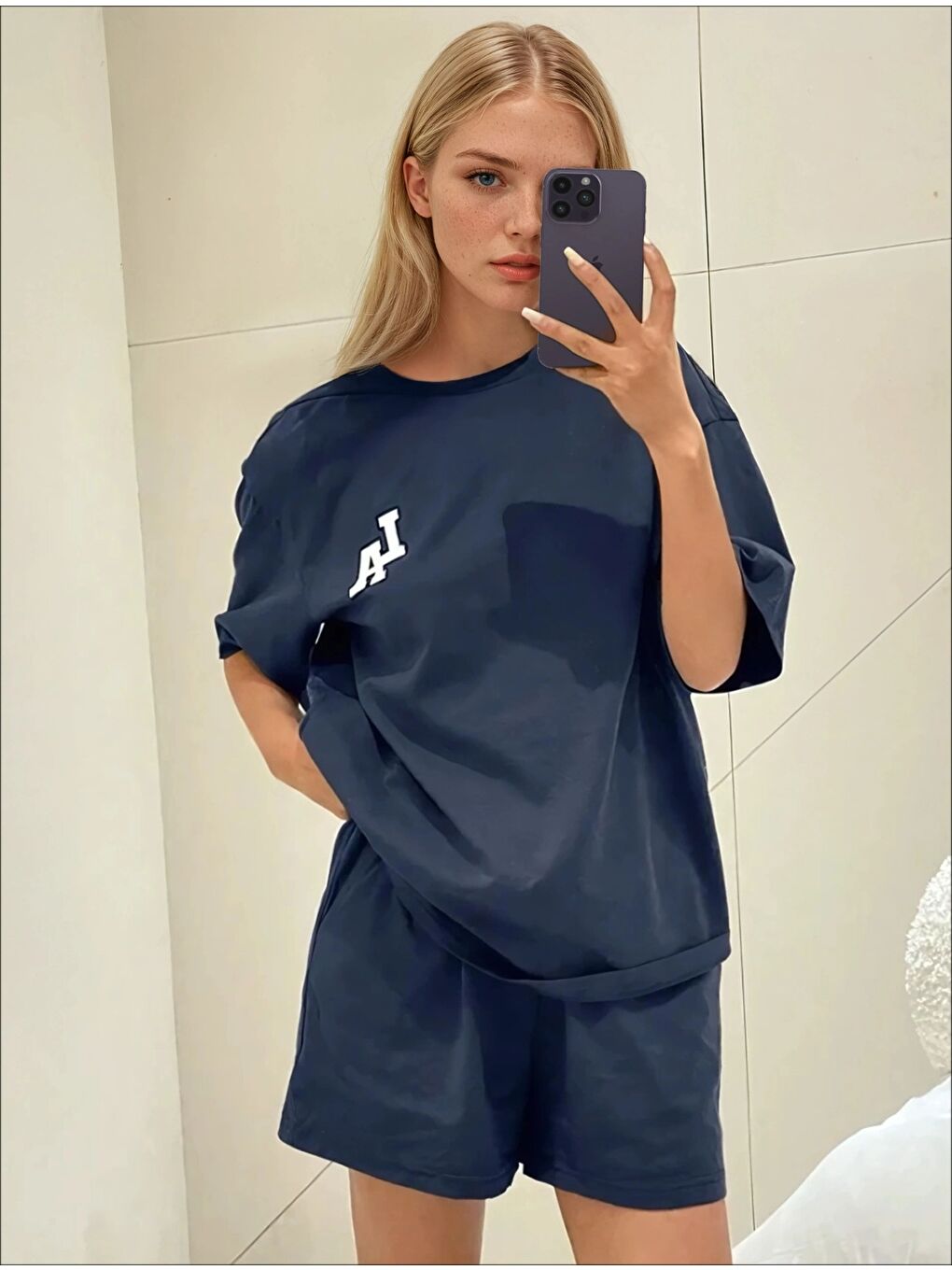 Lacivert LA Baskılı Oversize Süprem Şortlu Pijama Takım