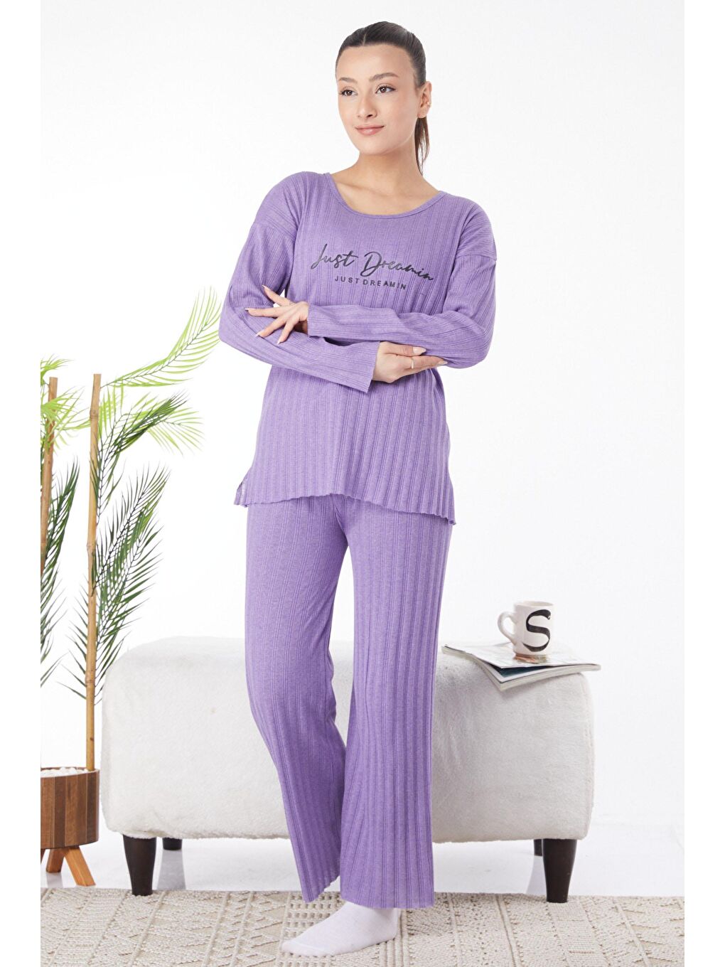 Bisiklet Yaka Kadın Lila Baskılı Uzun Kollu Pijama Takımı - 24668