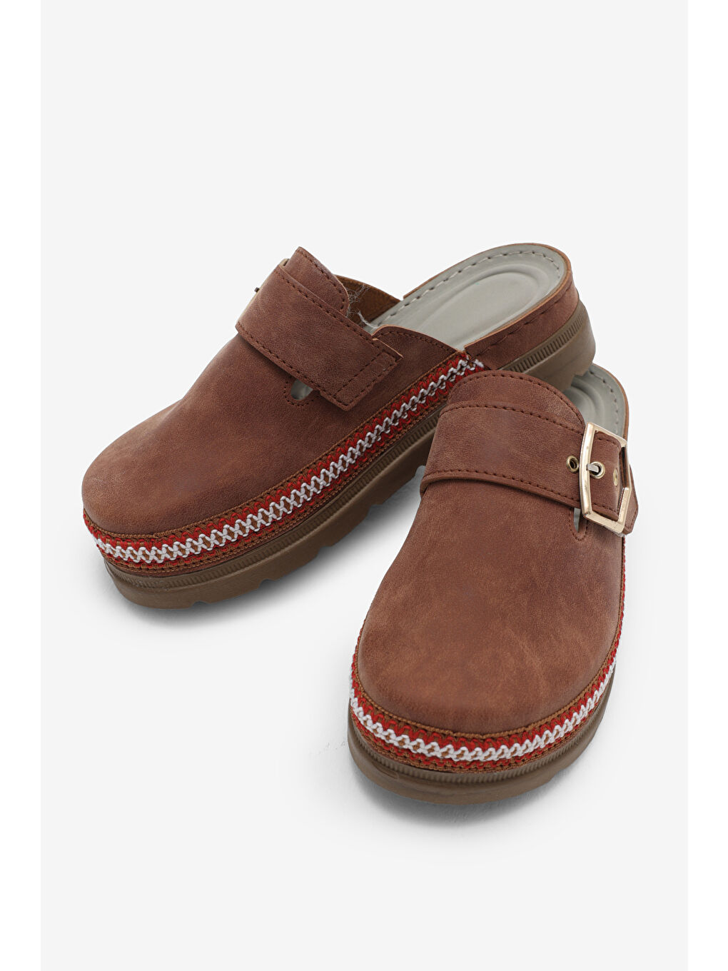 Kahverengi Kadın Taba Poli Taban Rahat Kalıp Tokalı Terlik-3