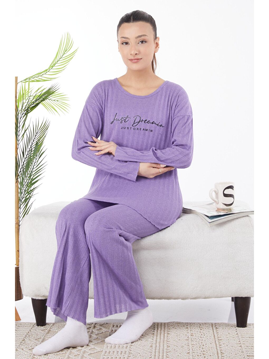 Bisiklet Yaka Kadın Lila Baskılı Uzun Kollu Pijama Takımı - 24668-1