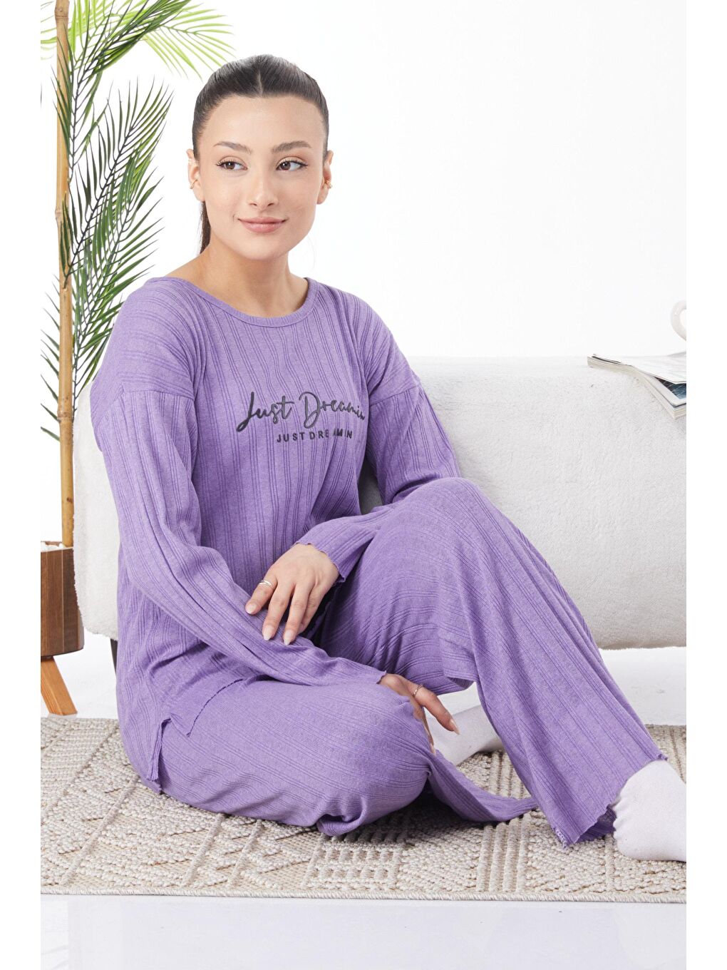 Bisiklet Yaka Kadın Lila Baskılı Uzun Kollu Pijama Takımı - 24668-2