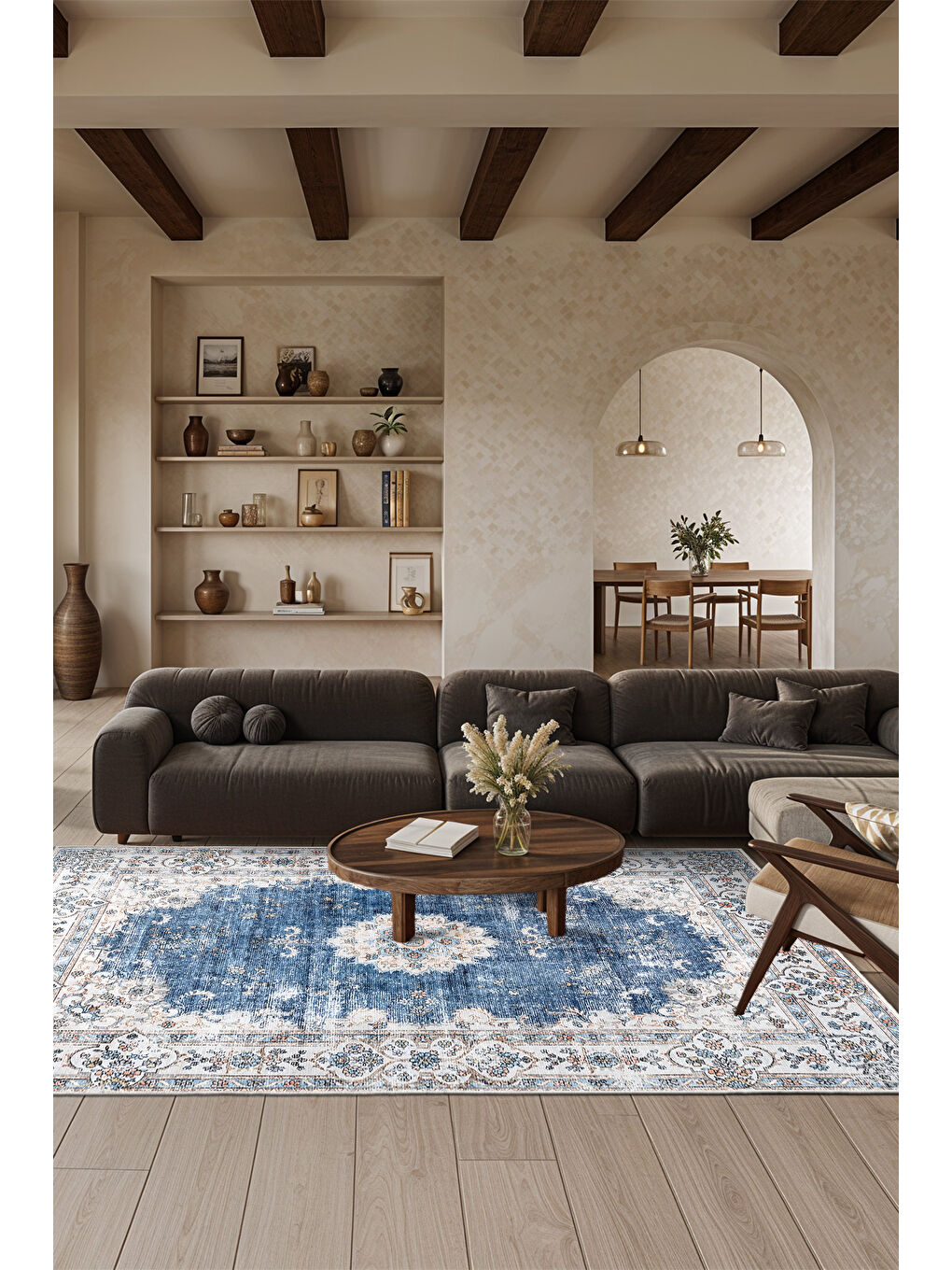 Mavi Dekoratif Özel Tasarım Yıkanabilir İnce Kaymaz Tabanlı Modern Halı KECE FR26-2